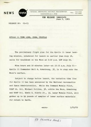 1969 Official Nasa Apollo 11 Timeline,  Crew Profile Press Release 69 - 83