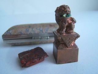 Antique Copper Or Brass Lion Coat Of Arms Wax Stamp W/ Case Elseiden Family