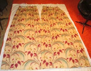 Pair Vintage Barkcloth Floral Curtains Fabric Two Panels 82” long Drapes 2