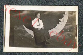 Unusual Horizontal Studio Paper Moon - Circa 1915 Rppc Photo Grade 4