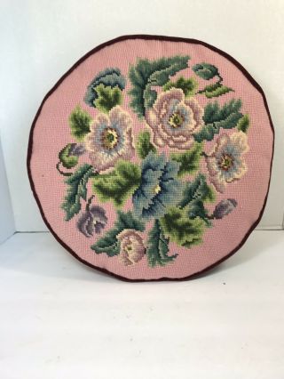 Shabby Vintage Chic Flowers Needlepoint Tapestry Round Pink Pillow 14 Inch