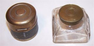 2 Antique 19th Century Brass & Glass Writing Slope Inkwell
