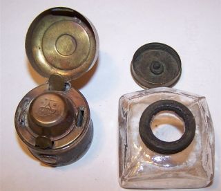 2 Antique 19th Century Brass & Glass Writing slope inkwell 2