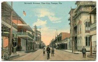 Tampa,  Fl.  Ybor City,  Seventh Avenue.  1913.  Buggies.  Trolley Tracks.  Florida.