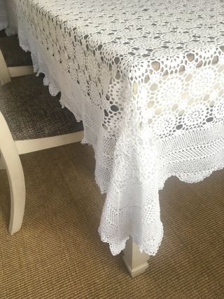Vintage White Cotton Crocheted Lace Tablecloth 98x64 2