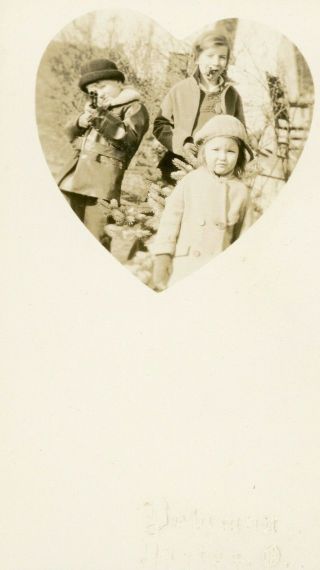 Vintage Heart Shaped Photo Of Three Children - Shotgun,  Pipe