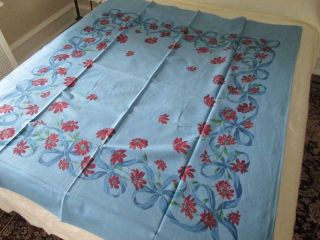 Vtg Cotton Tablecloth Wilendur No Tag Flower Daisy & Ribbon Blue Print 50 X 60