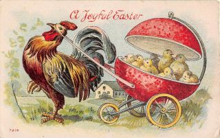 Chicken Pulling Chicks In Baby Buggy Made From Big Pink Egg - Old Easter Pc - 7219