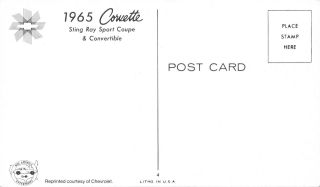 CHEVROLET STING RAY SPORT COUPE & CONVERTIBLE CORVETTE 1965 POSTCARD 2