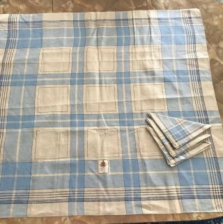 Vintage Blue & White Plaid Tablecloth,  3 Napkins,  Czechoslovakia,  Old Stock