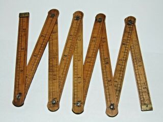 Great Little Antique Vintage 8 Fold Wood & Brass Pocket Ruler Rule Marked Paris?