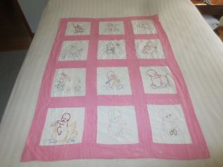 Vintage Hand Embroidered Baby Crib Fine Cotton Quilt Top - 32 " X 45 "