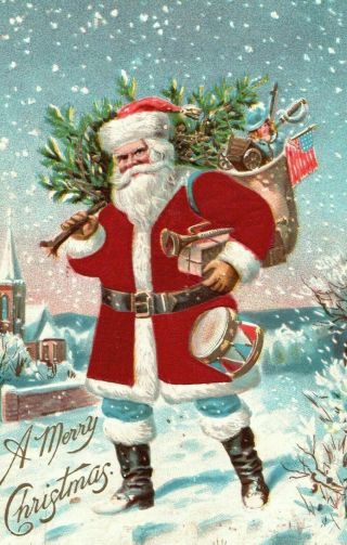 Silk Santa Claus Bag Of Toys American Flag Antique Christmas Postcard - C898