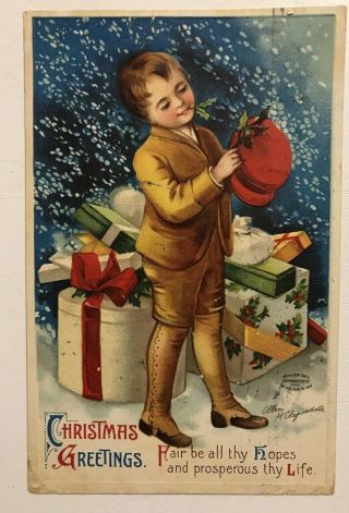 Victorian Boy With Gifts Antique A/s Clapsaddle Christmas Postcard - C454