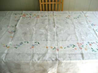 Vintage Linen Hand Embroidered Floral Tablecloth With Drawn Thread