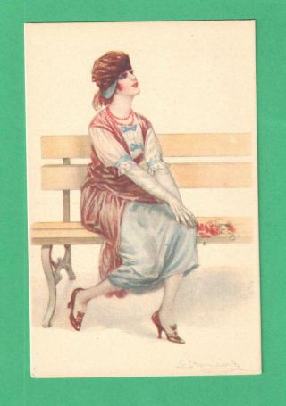 Vintage Bompard Art Deco Postcard Fashionable Lady Flowers Bench
