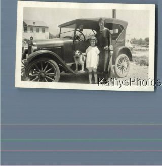 Found B&w Photo K_8888 Dog On Running Board Of Car Mother And Daughter