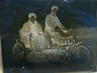 Rare Early Antique Motorcycle Glass Negative Photograph Harley Indian Side Car