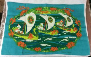 Vintage Mid - Century ::irish Linen:: Tea Towel Jonelle Three Ships Blue Turquoise