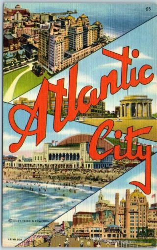 1940s Atlantic City Nj Multi - View Big Letter Postcard W/ 4 Scenes Curteich Linen