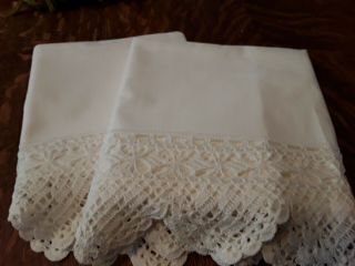 Vintage Pillowcases Set Of 2 White On White W/ Crochet Edge Standard Size