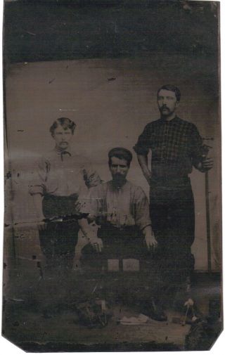 Antique Occupational Tintype Rugged Men & Tiny Man W Equipment Foundry Workers?