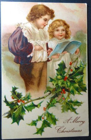 Postcard Gorgeous A Merry Christmas Children Holly Colorful Embossed