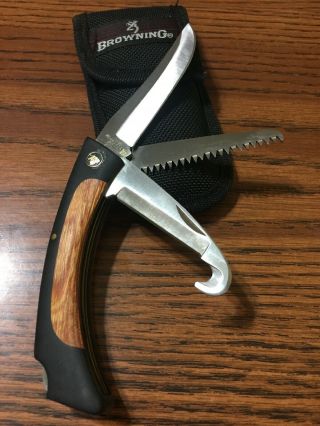 Vintage Browning Japan Model 828 Big Game 3 Blade Folding Knife,  Lockback Sheath