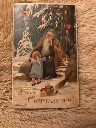 Hold To Light Santa Postcard - By Mailick - A Happy Christmas Time 1908