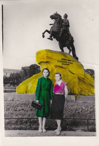 1954 Petty Young Women Girls Bronze Horseman Hand Tinted Russian Soviet Photo