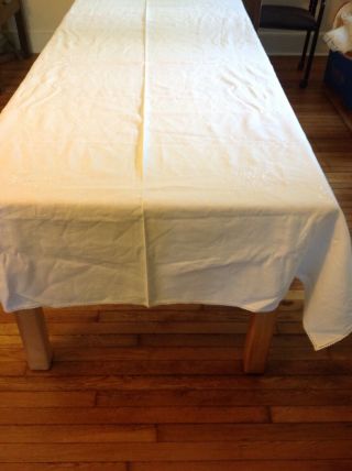 Vintage White Thick Linen Tablecloth W White Embroidery,  60 X 100 "