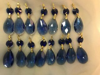 15 Antique Vintage Blue Glass Teardrop Crystal Prisms