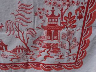 Vtg 50s Cotton Tablecloth Red Japanese Asian Pagoda Garden Cherry Blossom