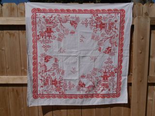 Vtg 50s Cotton Tablecloth Red Japanese Asian Pagoda Garden Cherry Blossom 2
