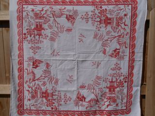 Vtg 50s Cotton Tablecloth Red Japanese Asian Pagoda Garden Cherry Blossom 3