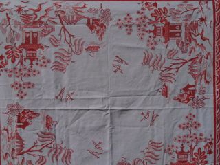 Vtg 50s Cotton Tablecloth Red Japanese Asian Pagoda Garden Cherry Blossom 4