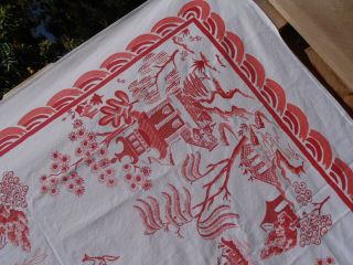Vtg 50s Cotton Tablecloth Red Japanese Asian Pagoda Garden Cherry Blossom 5