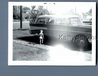 Found B&w Photo F,  3728 Little Boy From Behind By Old Station Wagon