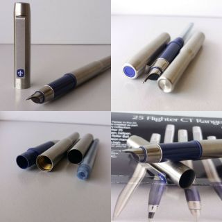 Parker 25 Flighter Stainless Steel & Blue Fountain Pen - Case - Ink - England Le