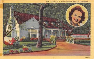 Bel Air California 1940s Linen Postcard Home Of Judy Garland Movie Star Actress