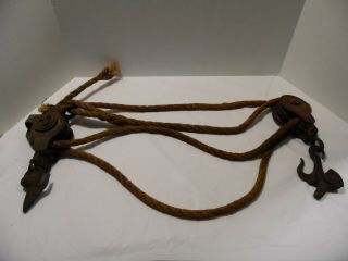 Vintage Block And Tackle Double Metal Pulleys With Rope