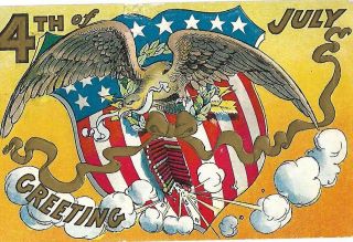Antique Postcards July 4th Greetings Eagle Flag Fireworks 1909