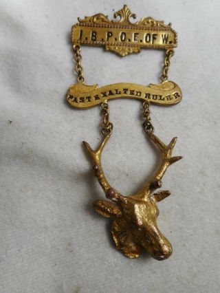 Antique I.  B.  P.  O.  E.  Of W.  Past Exalted Rule Pin/ Jewel W/ Dangle Elk Head C) 1920
