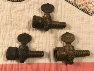 3 Victorian Gas Light Valve Parts,  Cast Unpolished Brass,  Late 1800 