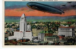Circa 1930 Postcard,  City Of Los Angeles,  Los Angeles,  California.  Airship