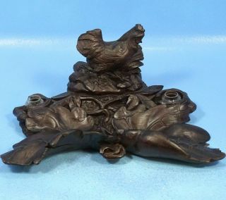 Antique German Black Forest Wood Carving Double Inkwell Pen Tray Grouse Bird