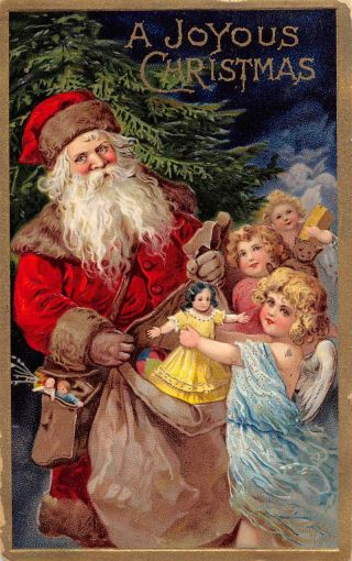 A Joyous Christmas Santa Claus Toys Children Embossed Antique Pc Zb548249