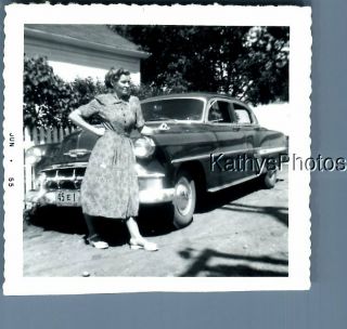 Black & White Photo F,  2445 Pretty Woman In Dress Posed In Front Of Old Car