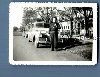 Found B&w Photo F,  3855 Man Posed Smoking Pipe In Front Of Old Car