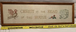 Vtg Christ Is The Head Of This House Cross Stitch Glass Framed Sampler 60s 70s